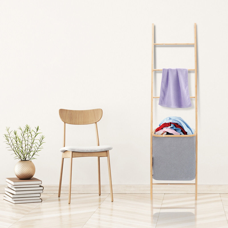 Latitude Run® Bamboo Laundry Basket Bath Towel Ladder Rack Laundry